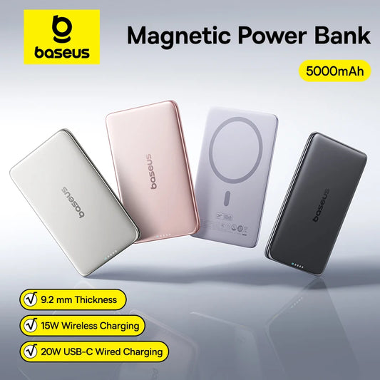 Baseus magnetic power bank with four color options on a gray background