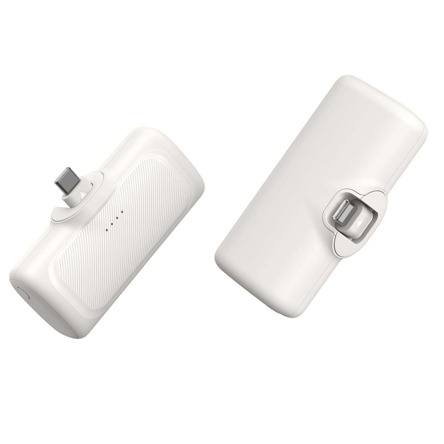 Two white power banks with charging ports on a white background