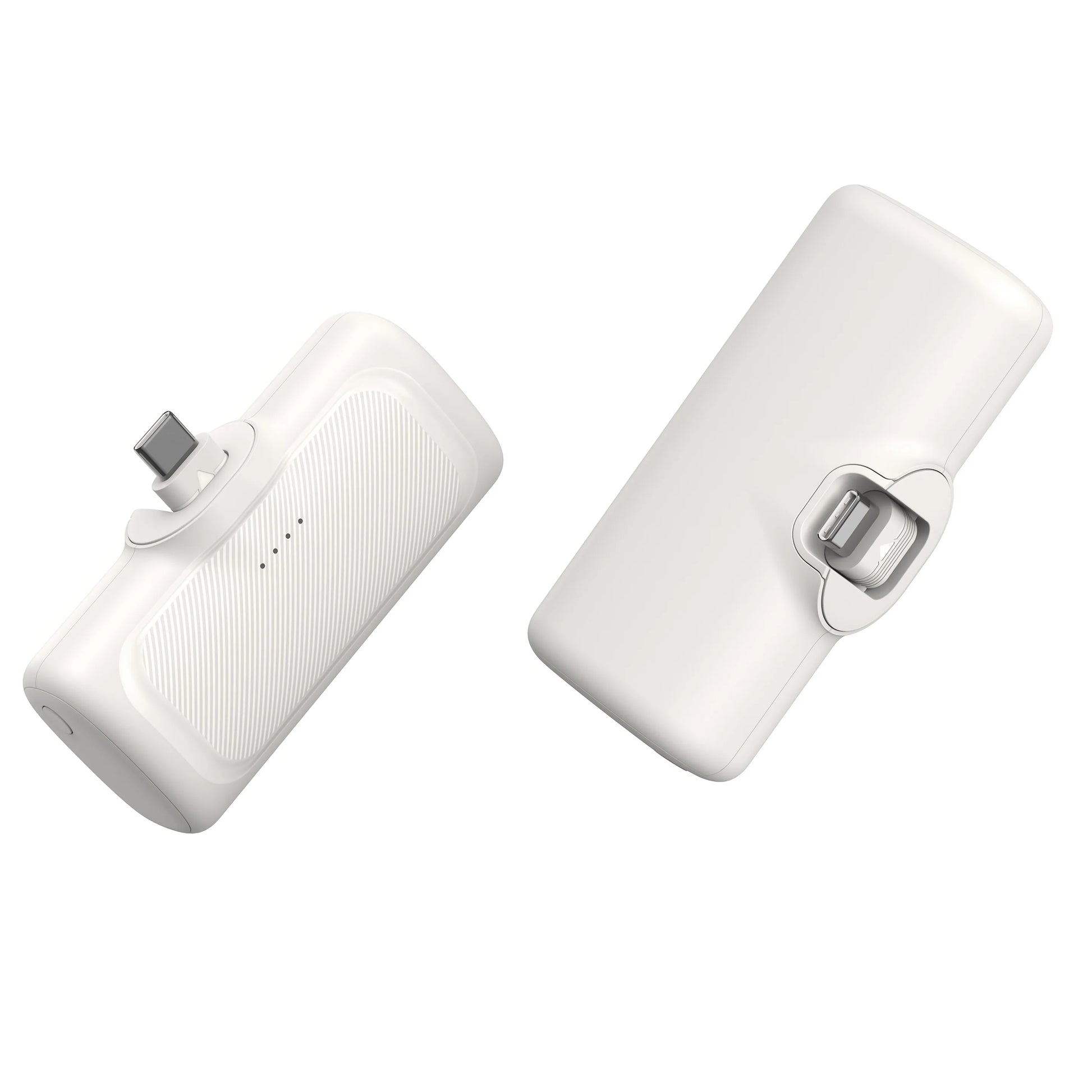 Two white power banks with charging ports on a white background