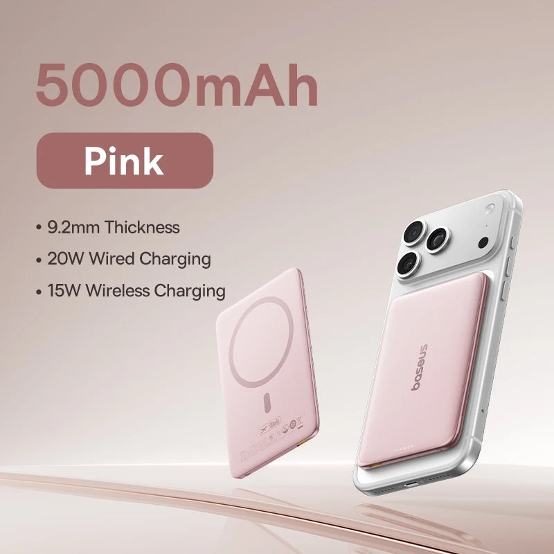 Pink phone case with charging specifications on a light pink background