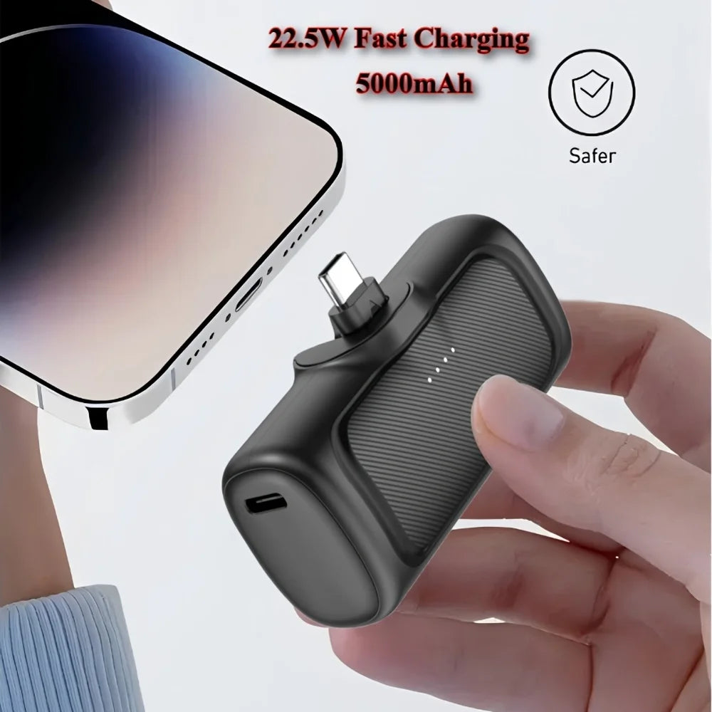 Hand holding a black charging device with text about fast charging and safety features.
