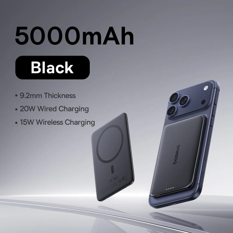 Phone case with 5000mAh capacity, black color, and charging information on a gray background