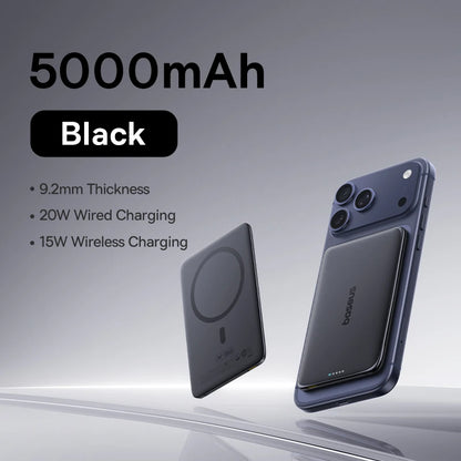 Phone case with 5000mAh capacity, black color, and charging information on a gray background