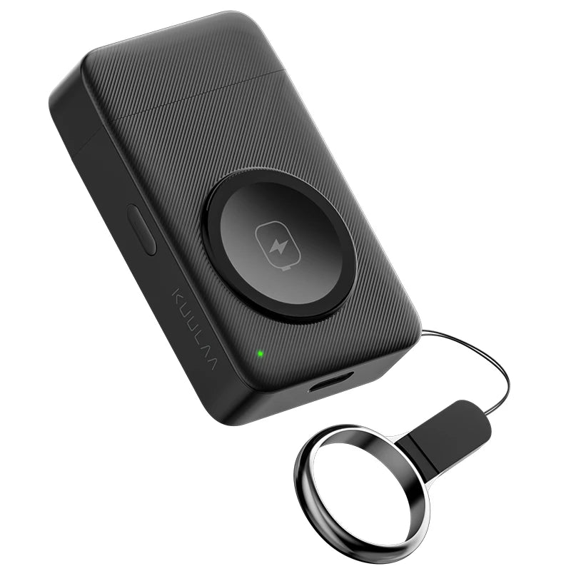 Black electronic device with a keychain attachment on a white background