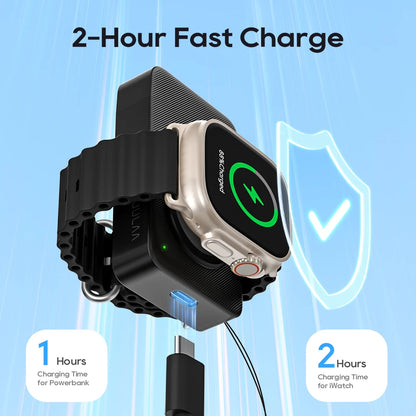 Smartwatch being charged by a power bank with charging time indicators on a blue background