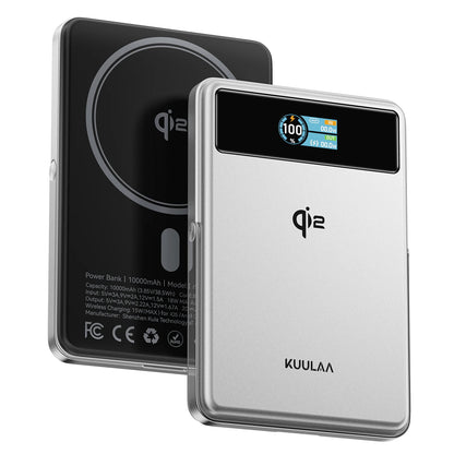 Two power banks, one black and one silver with digital display, on a white background.