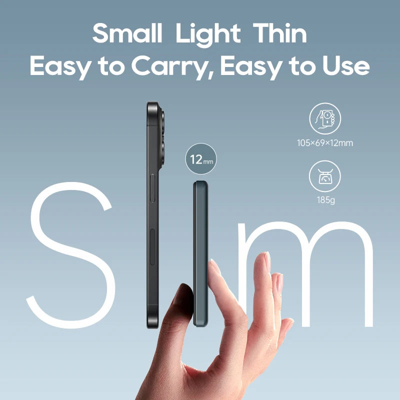 Phone case with text 'Small Light Thin Easy to Carry, Easy to Use' on a blue background