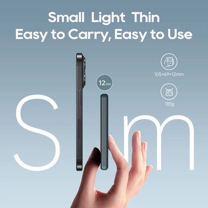 Phone case with text 'Small Light Thin Easy to Carry, Easy to Use' on a blue background