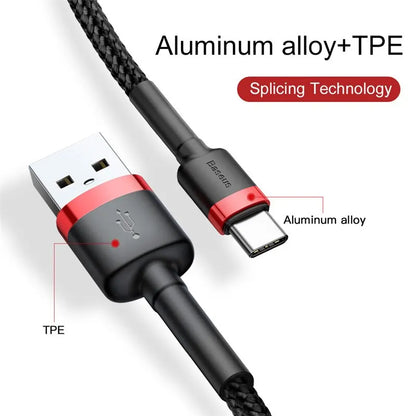 USB cable with aluminum alloy and TPE splicing technology on a white background