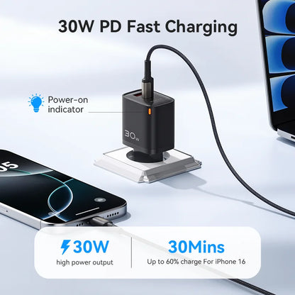 30W GaN PD Fast Charger with USB-A & USB-C Ports