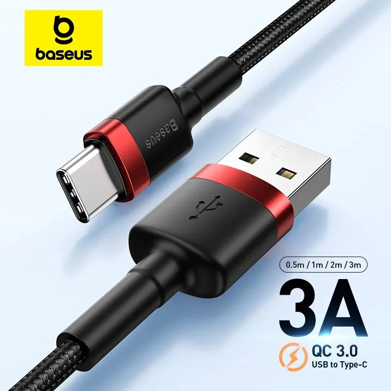 Baseus USB to Type-C cable with different length options on a light blue background