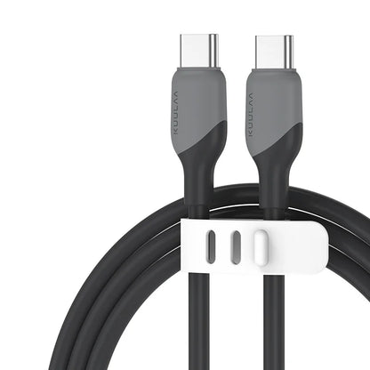 Black USB-C cable with gray connectors on a white background