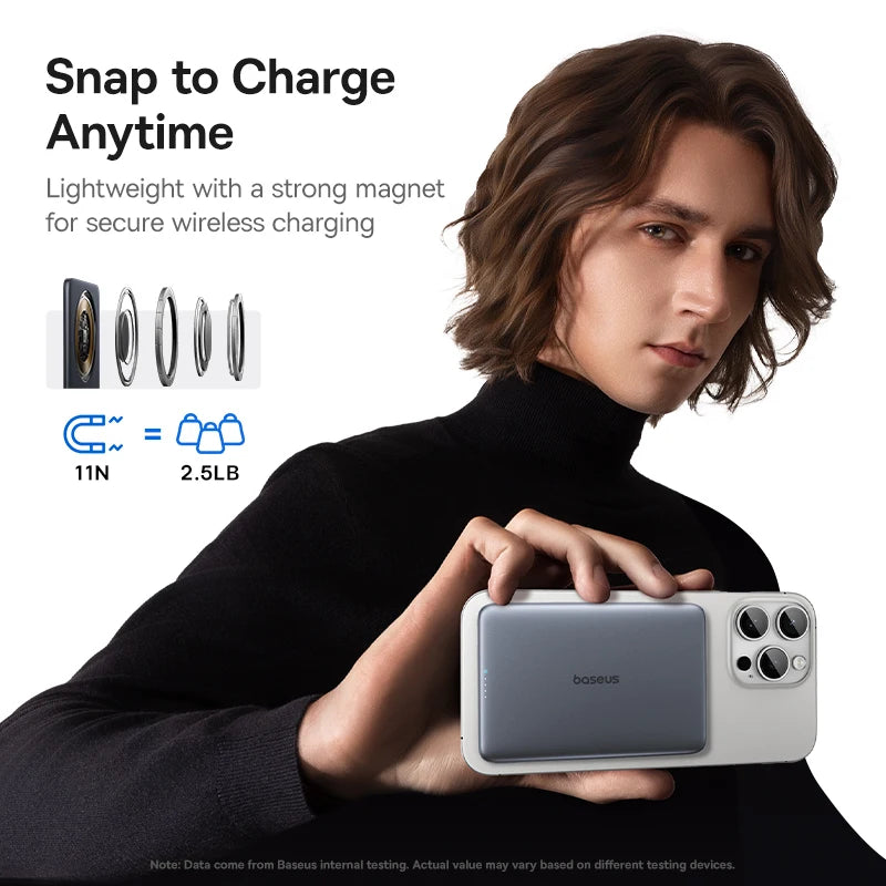 Person holding a phone with a magnetic charging case, text about snap-to-charge feature.