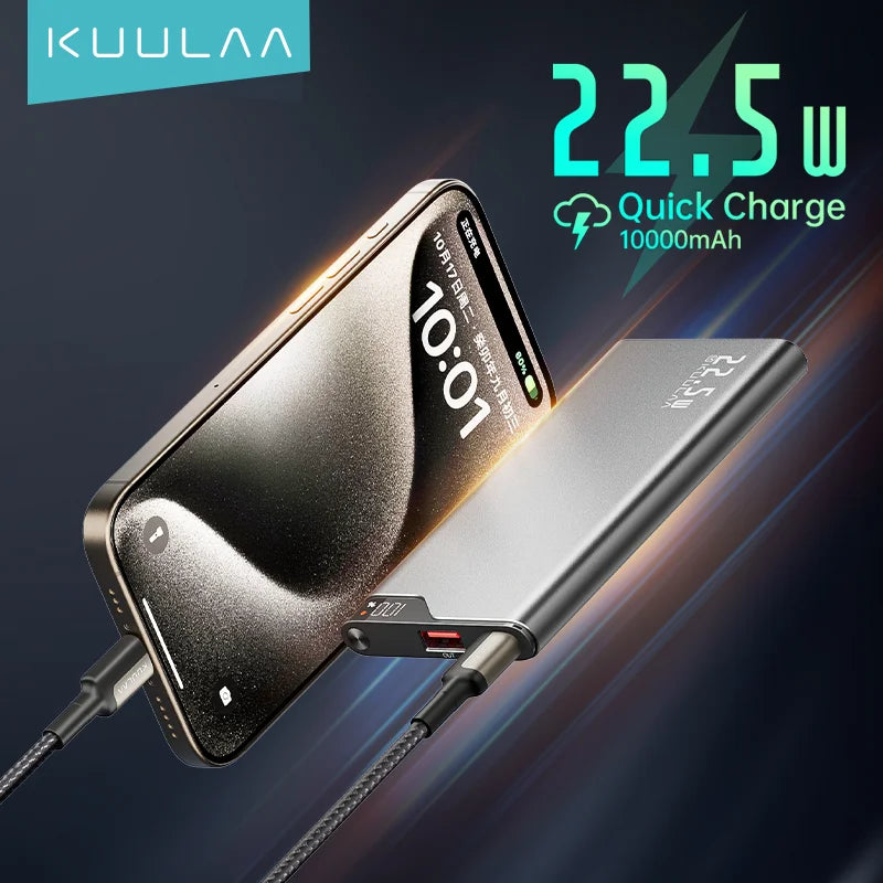 Phone being charged by a power bank with 'KUULAA' branding and charging specifications displayed.