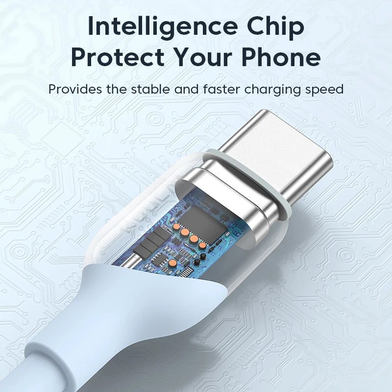 Close-up of a charging cable with an intelligence chip, text on a light blue background