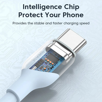 Close-up of a charging cable with an intelligence chip, text on a light blue background