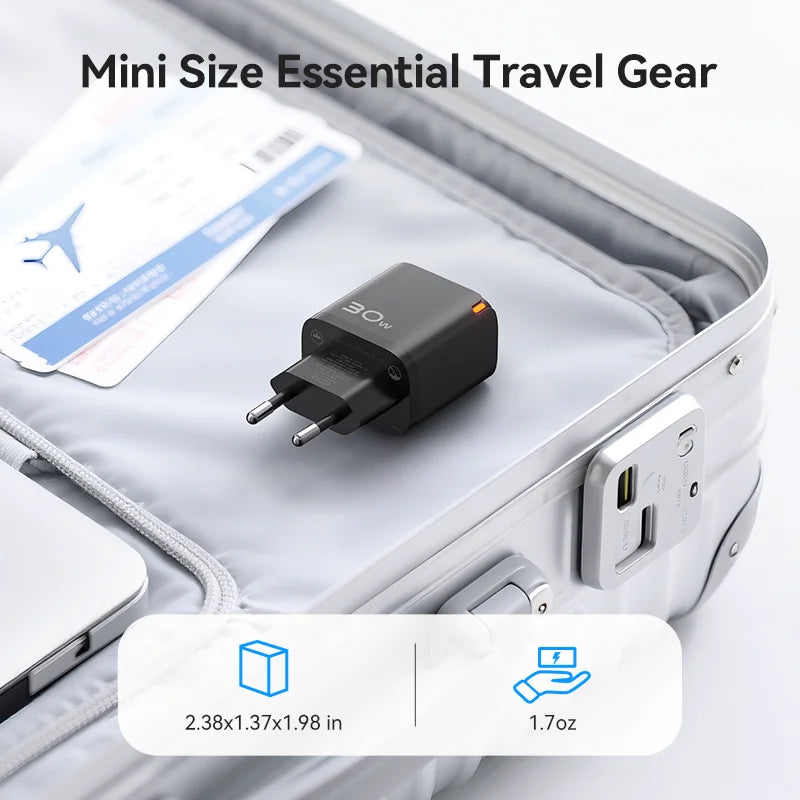30W GaN PD Fast Charger with USB-A & USB-C Ports