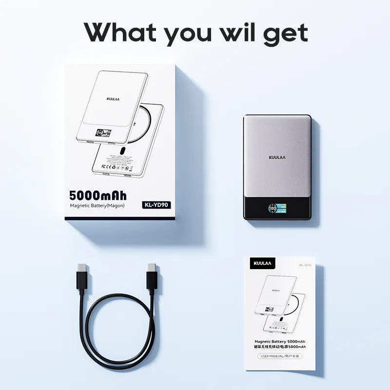 KUULAA 5000mAh magnetic battery pack with packaging and cable on a light blue background