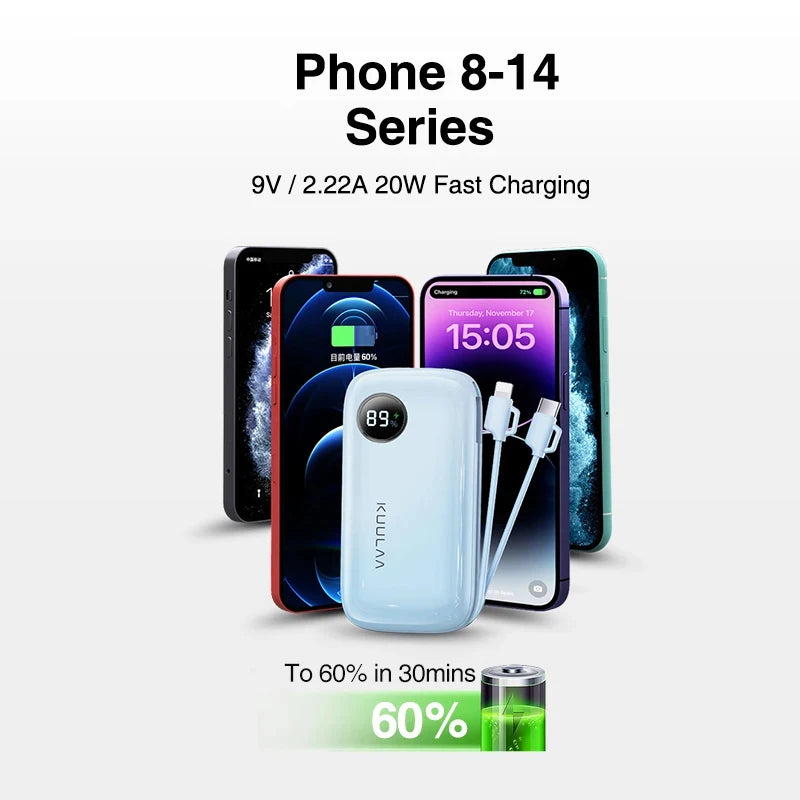 Phone 8-14 Series fast charging device with smartphone and earbuds on a white background