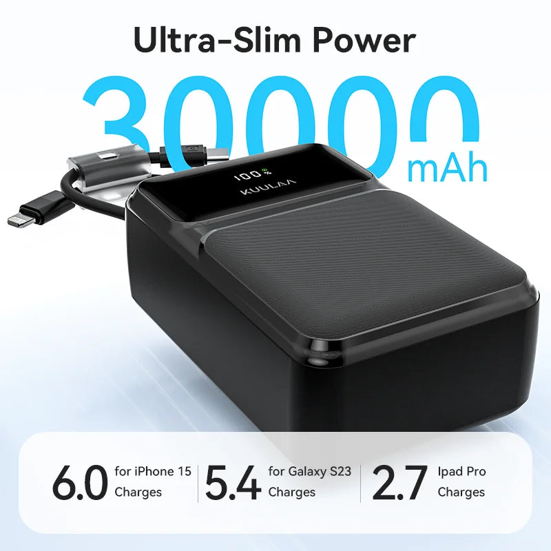 Kuulaa 30000mAh Power Bank with Built-in Cables 22.5W