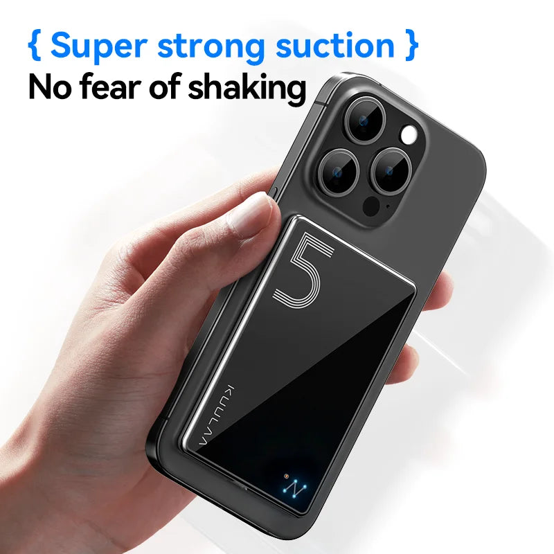 Phone case with 'Super strong suction' and 'No fear of shaking' text, held by a hand.