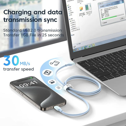 Laptop and smartphone connected by a USB cable with text about charging, data transmission, and transfer speed.
