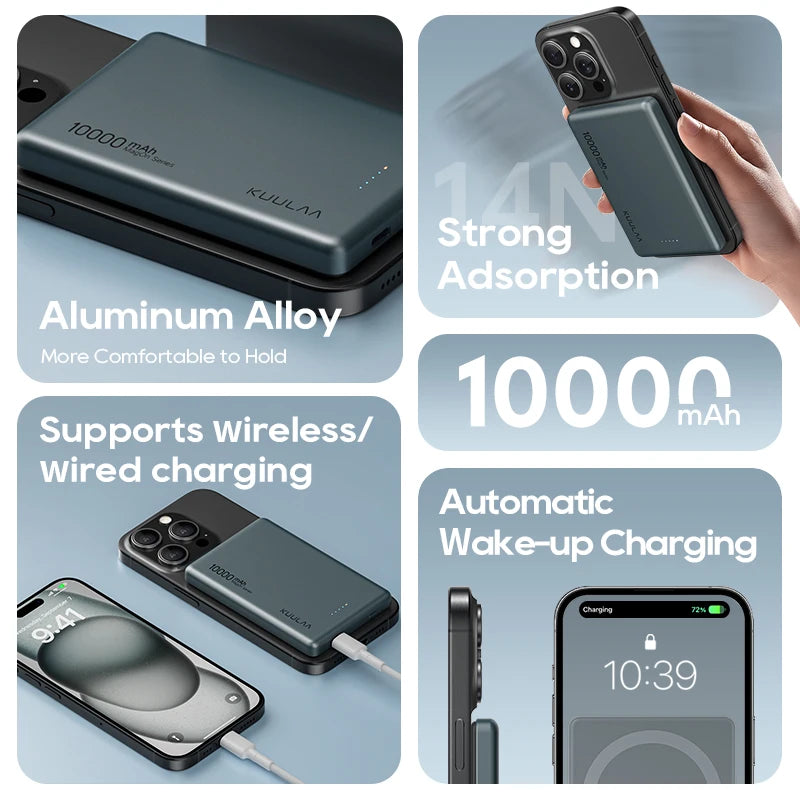 Portable phone charger with features highlighted on a light blue background