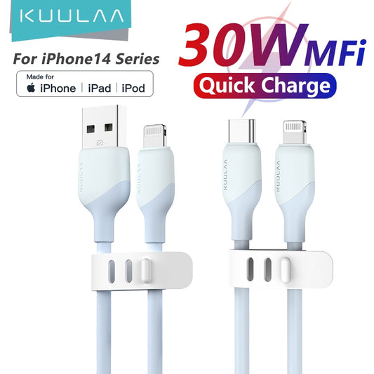 A blue kuulaa branded USB C to Lightning MFi cable, with a Lightning connector on one end and a USB C connector on the other, designed for quick charging on iOS devices.