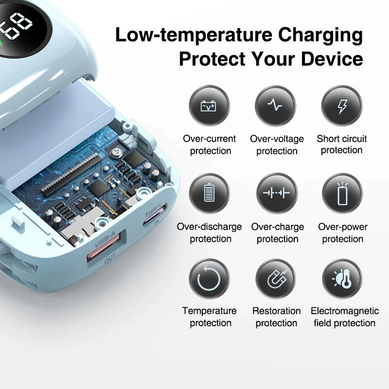 Charging case with electronic components and text about protection features on a white background