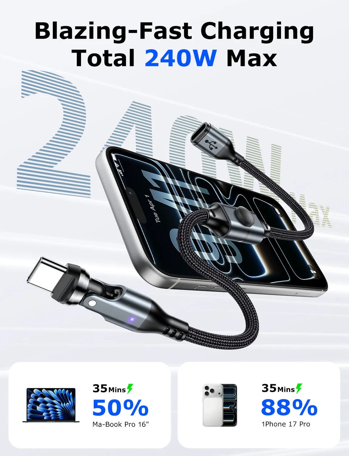 AUFU USB-C Extension Cable 240W with On/Off Switch