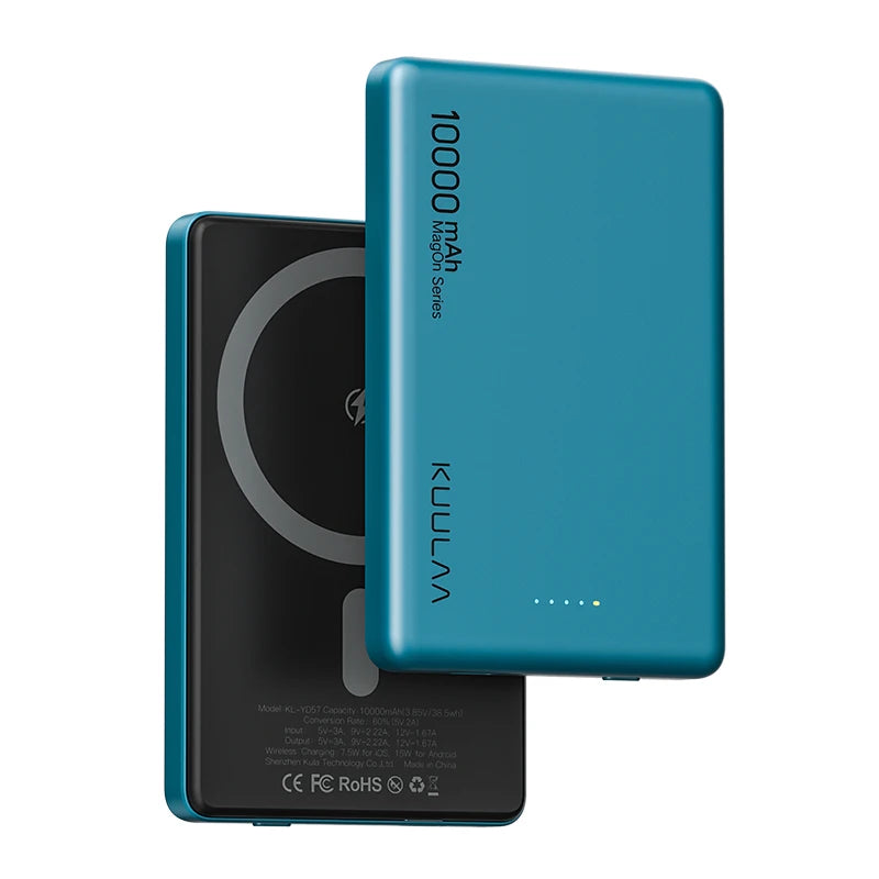 Teal power bank with 'Kullav' branding on a white background