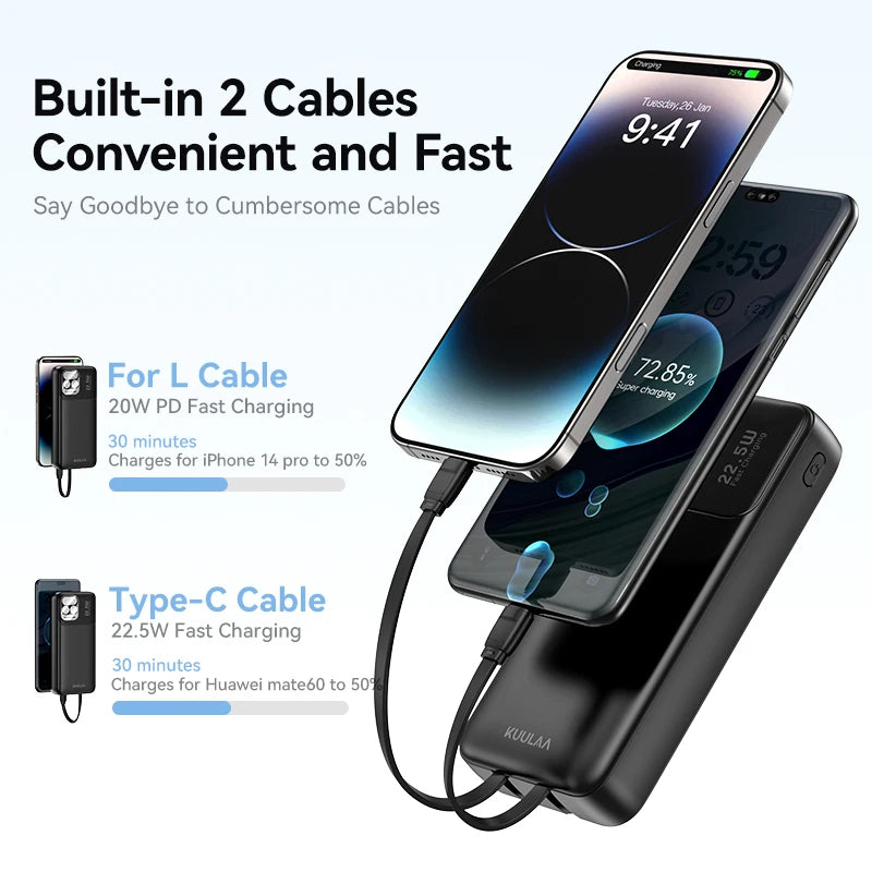 Phone charger with built-in cables for fast charging on a white background