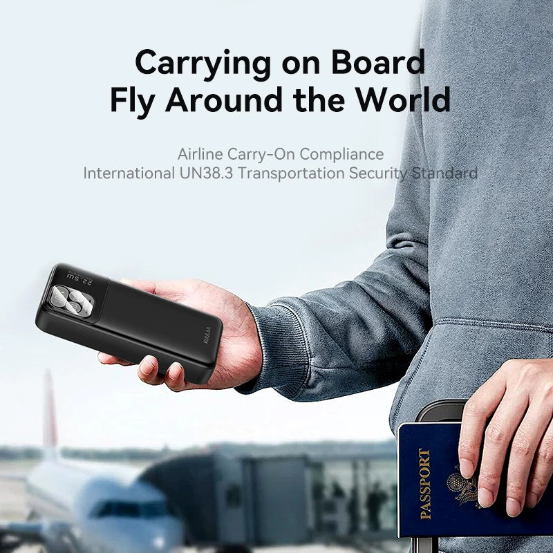 Person holding a power bank and passport with text about airline carry-on compliance.