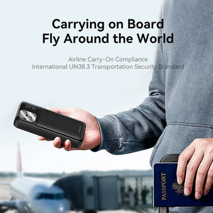 Person holding a power bank and passport with text about airline carry-on compliance.