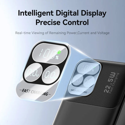 Digital display on a power bank with text about intelligent digital display and precise control.