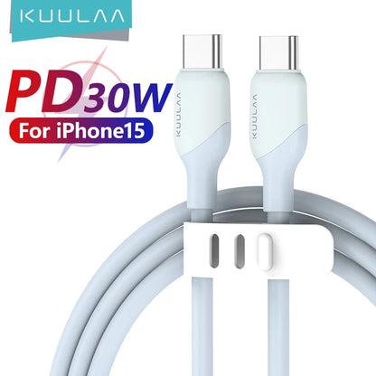 KUULAA USB-C to USB-C cable with PD30W and iPhone15 branding on a white background