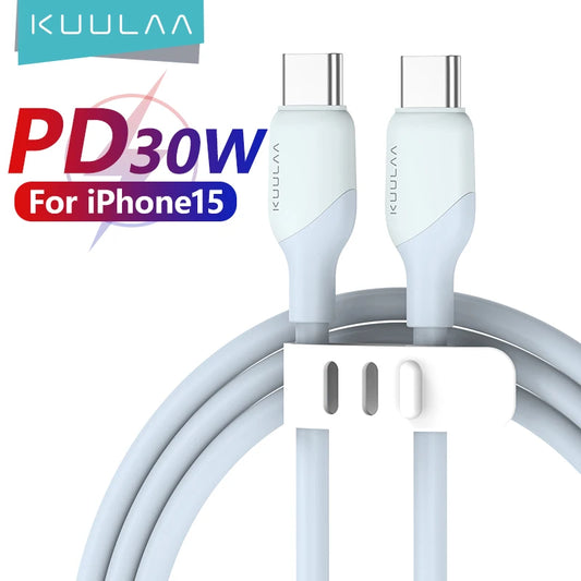 KUULAA USB-C to USB-C cable with PD30W and iPhone15 branding on a white background