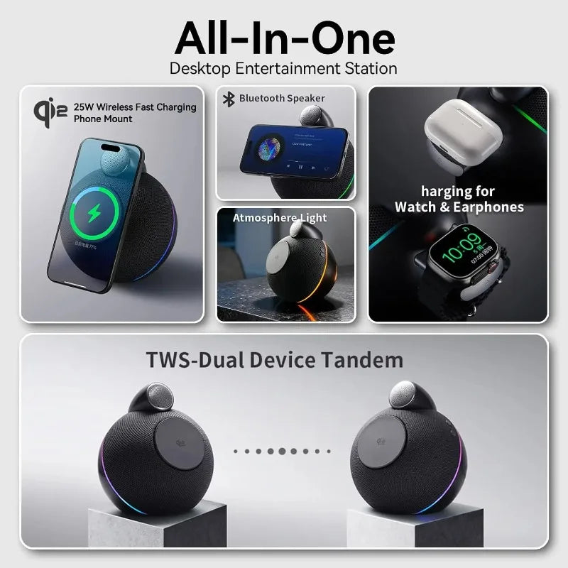 3-in-1 Wireless Charging Bluetooth Speaker with 360° Sound