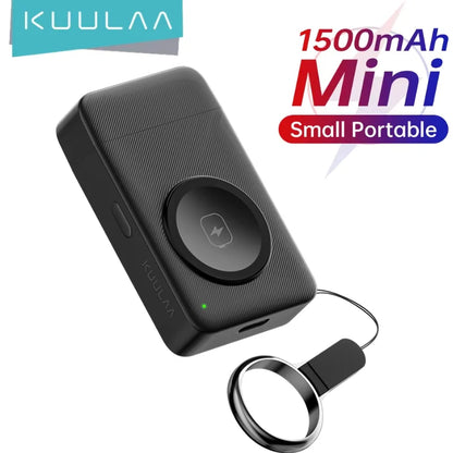 Black portable charger with 'KUULAA' branding and text '1500mAh Mini Small Portable' on a white background.