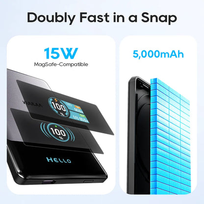 Phone charger with 15W MagSafe compatibility and 5,000mAh capacity on a light blue background.