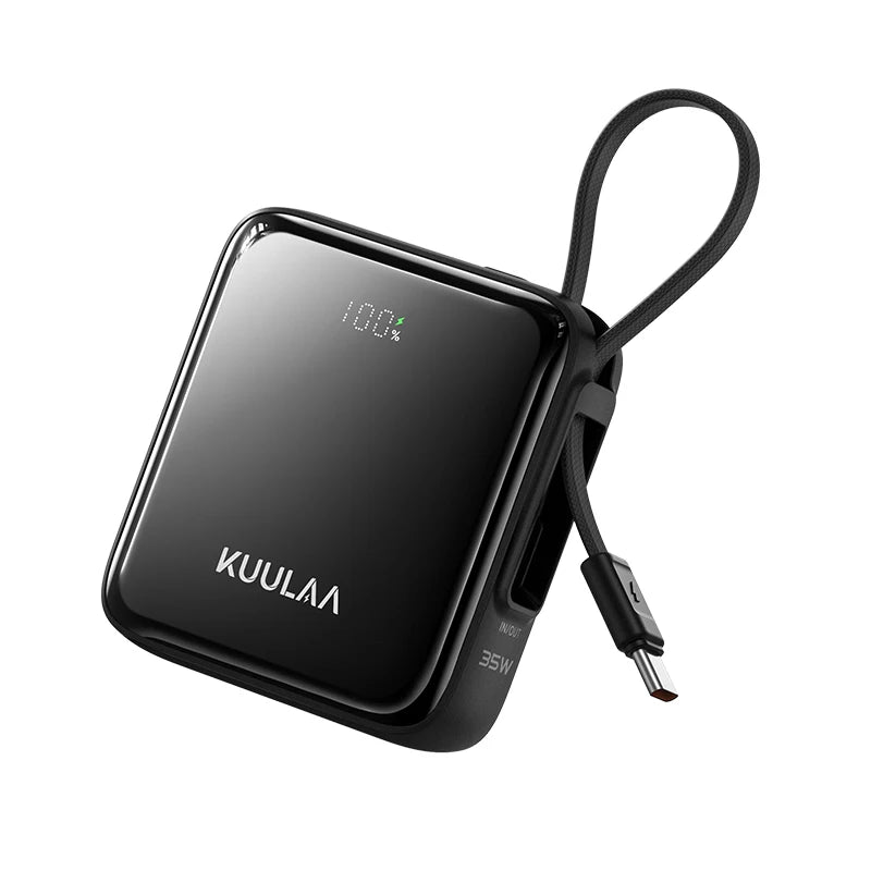 Black power bank with digital display and USB cable on a white background, featuring the brand 'KUULAA'.