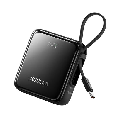 Black power bank with digital display and USB cable on a white background, featuring the brand 'KUULAA'.