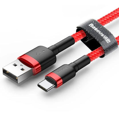USB cable with red and black braided design on a white background