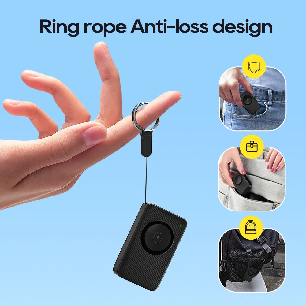 Black anti-loss device with ring rope feature on a blue background
