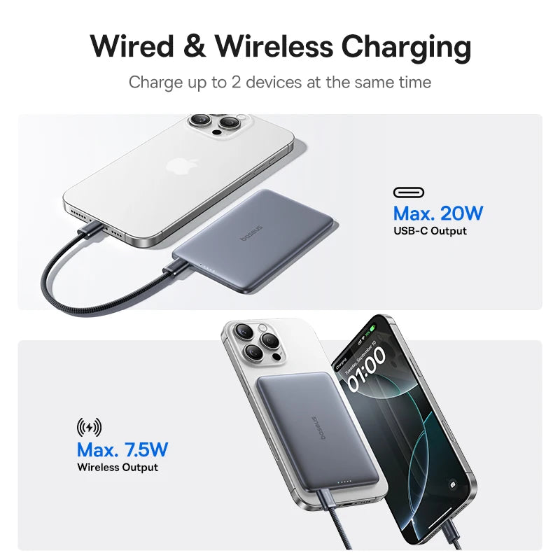 Charging device with wired and wireless charging capabilities on a white background