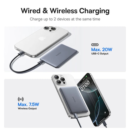 Charging device with wired and wireless charging capabilities on a white background