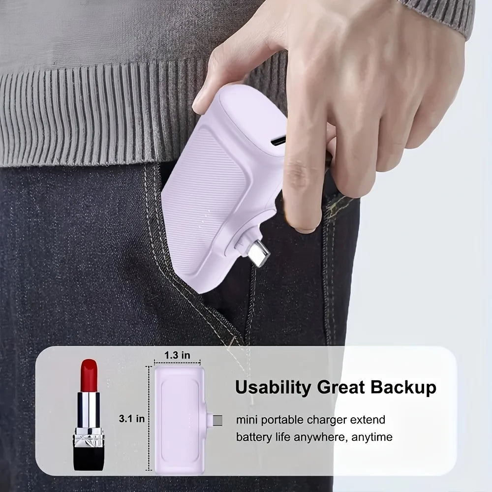 Hand holding a small portable charger with text indicating its usability and features.