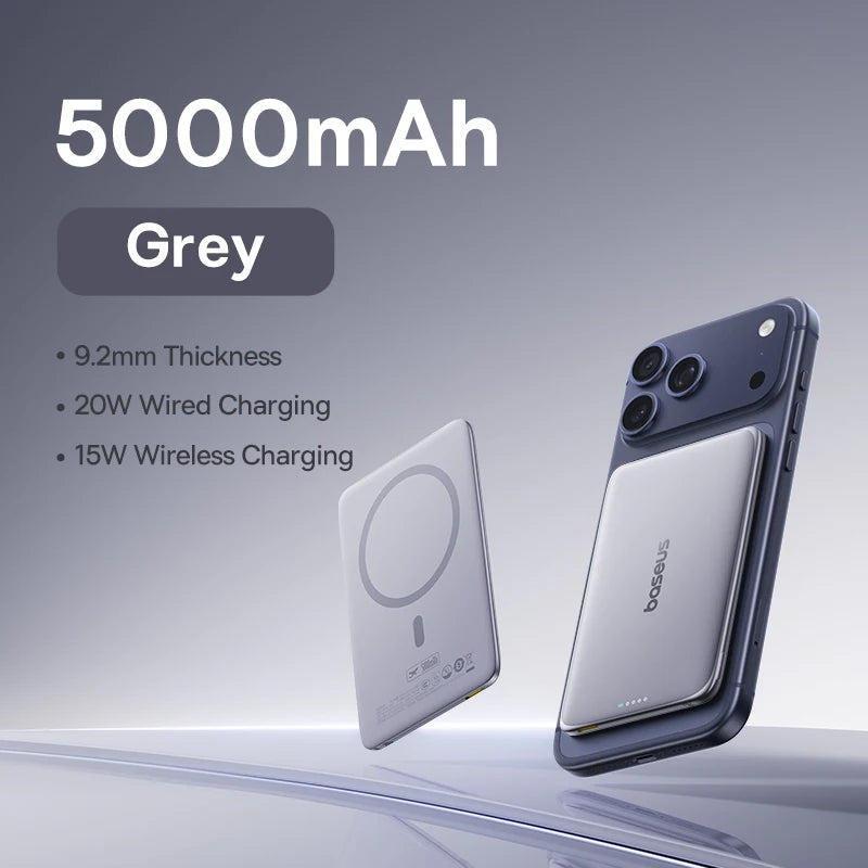 Smartphone with 5000mAh battery capacity and charging details on a gradient background