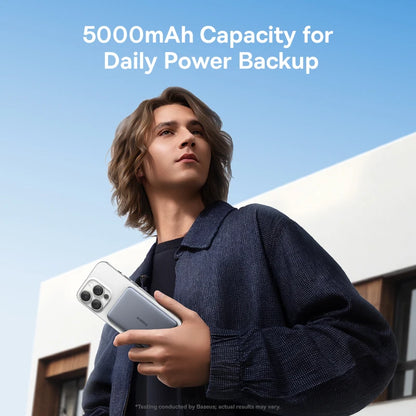 Person holding a phone with '5000mAh Capacity for Daily Power Backup' text on a clear sky background