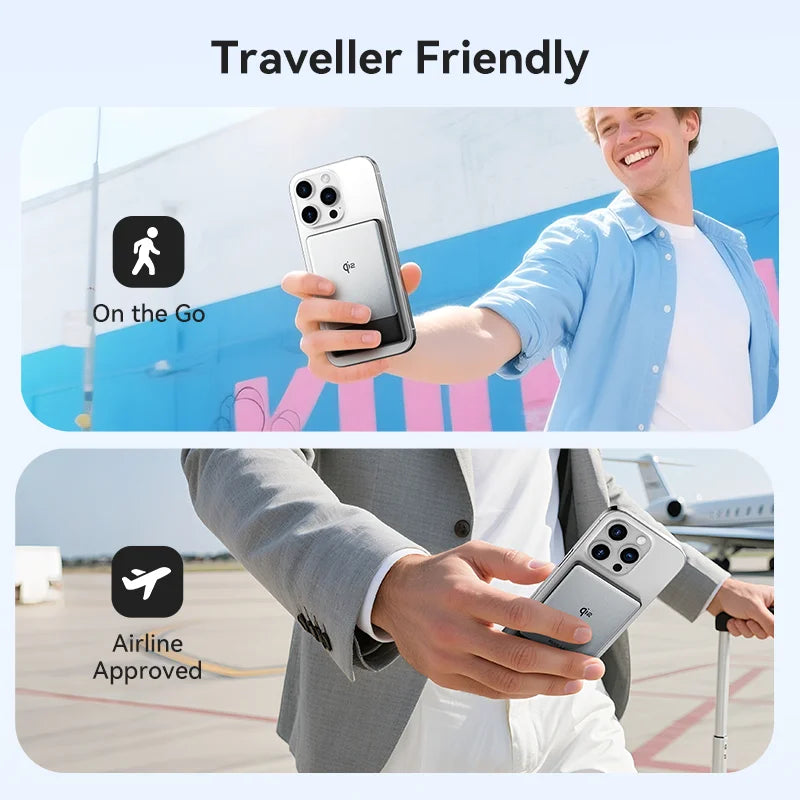 Two images showing a phone case being used by a person on the go and at an airport, with text indicating 'Traveller Friendly' and 'On the Go' and 'Airline Approved'.